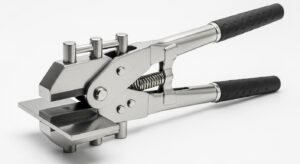 Body Panel Flange Tool: Your Guide to Perfect Panel Gaps 1 A steel body panel flange tool with a curved red handle and a thin, flat tip, isolated on a white background.