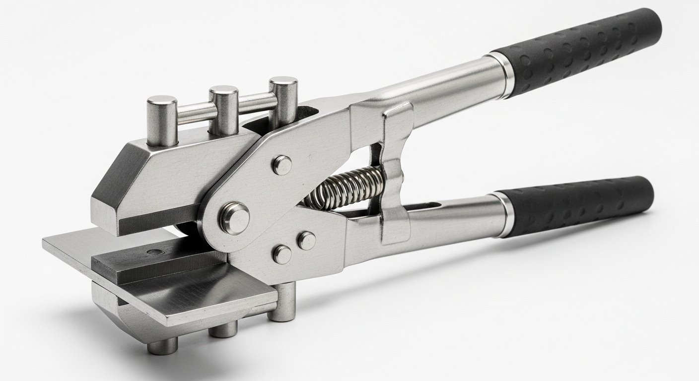 Body Panel Flange Tool: Your Guide to Perfect Panel Gaps 6 A steel body panel flange tool with a curved red handle and a thin, flat tip, isolated on a white background.